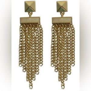 Gold w/Winter White Rectangle Stones & Chain Tassle Earrings